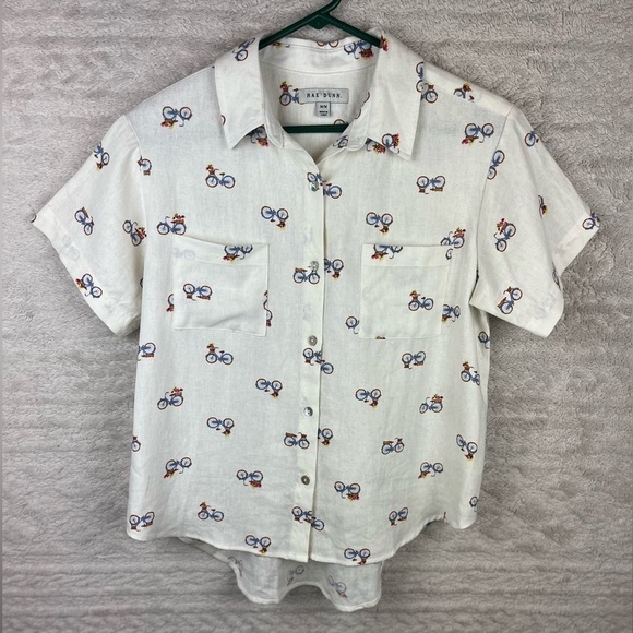 RAE DUNN Bicycle Flowers in Basket Linen Button Up Shirt Medium Novelty Print - Picture 1 of 16